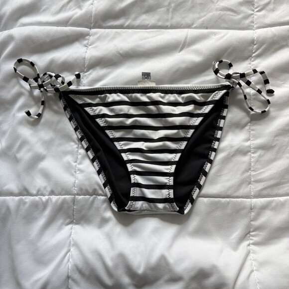 Becca Womens Size Medium String Bikini Bottom Black White Striped Swimsuit Beach - Picture 1 of 6